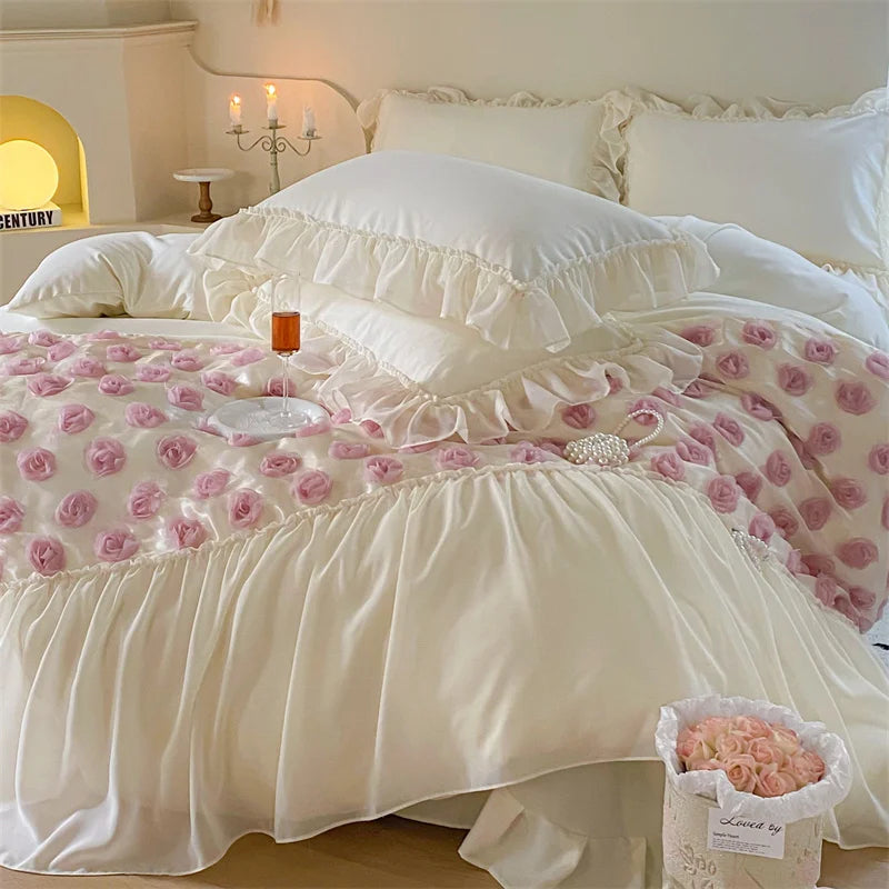 Decobites Romantic Rose Lace Bedding Set: Duvet Cover, Sheet, Pillowcases, Ruffles