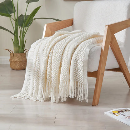 DecorBites™ Knitted Tassels Blanket: Cozy Solid Color for Sofa, Bed, or Homestay
