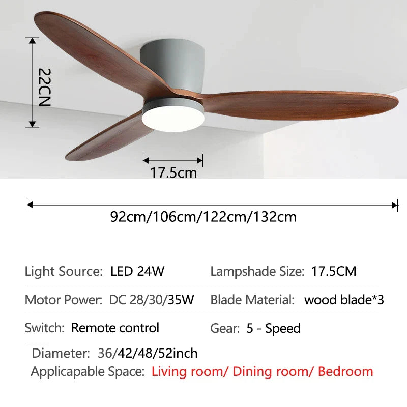 Decorbites™ Ventilador de Techo para Techos Bajos con Motor DC de 3 Aspas y 35W, Luz Tricolor de 24W y Control Remoto