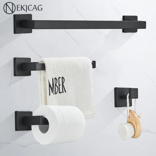 DecorBites™ Black Bathroom Hardware Set: Robe Hook, Towel Rail, Shelf, Tissue Holder