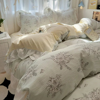 Juego de funda nórdica DecorBites™ de algodón lavado francés con estampado floral de princesa - Ropa de cama floral de primavera