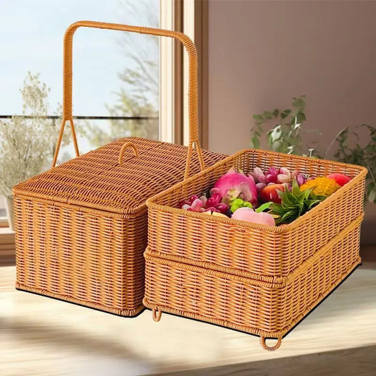 DecorBites™ Handwoven Rattan Picnic Basket with Lid and Rectangular Outdoor Storage