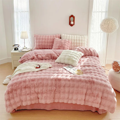 Decobites Velvet Fleece Princess Bedding Set in Pink Purple Grey Gradient, Luxury Duvet Cover & Faux Rabbit Fur