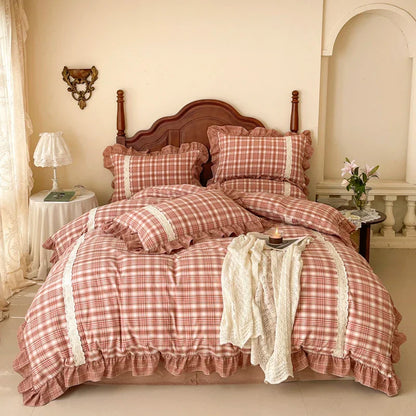 Decobites Plaid French Pastoral Cotton Bedding Set Full Queen King Size