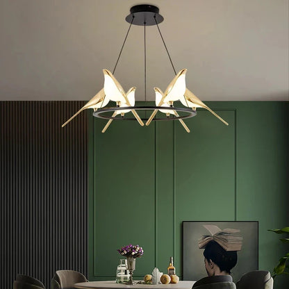 DecorBites™ Gold Magpie Bird Ceiling Chandelier | Modern LED Ring Light for Dining Room & Decor