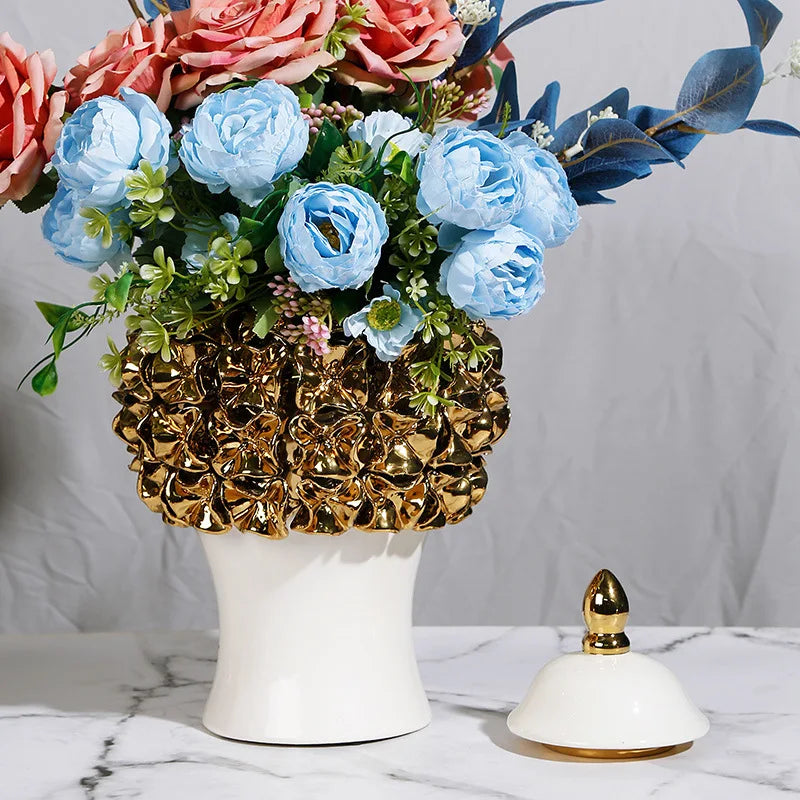 DecorBites™ Golden Flower Ginger Jar Relief Flower Vase Home Decor