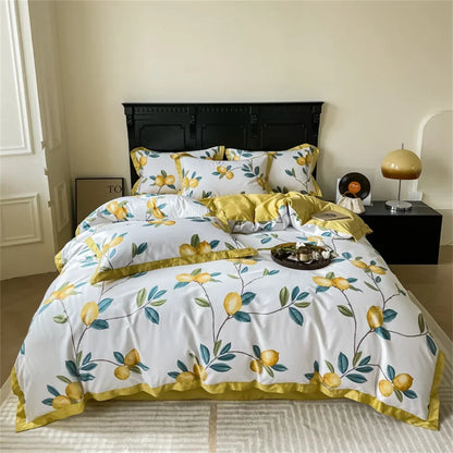 Decobites Yellow Lemon Fruit Satin Egyptian Cotton Duvet Cover Set - Queen King Size