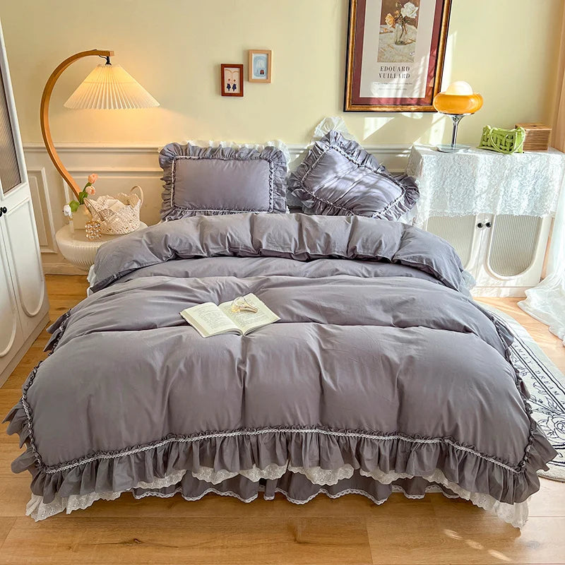 Decobites Korean Princess Style Double Ruffle Bedding Set for Queen King Bed