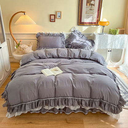 Decobites Korean Princess Style Double Ruffle Bedding Set for Queen King Bed