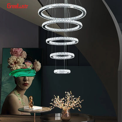 DecorBites™ Crystal Chrome LED Pendant Light Rings Chandelier for Living Room Bedroom