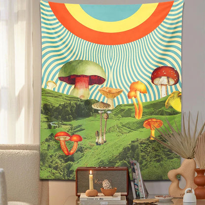 Psychedelic Mushroom Mountain Tapestry by Decobites - Hippie Bohemian Wall Decor