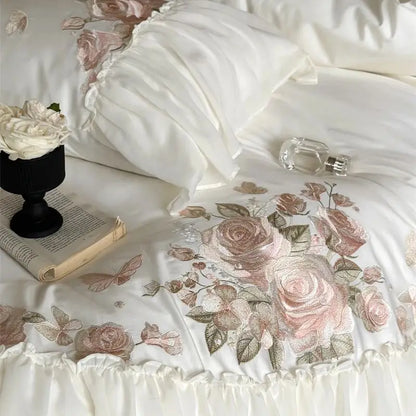 Decobites Luxe Lace Ruffles Wedding Bedding Set Flowers Embroidery Duvet Sheet Pillowcase