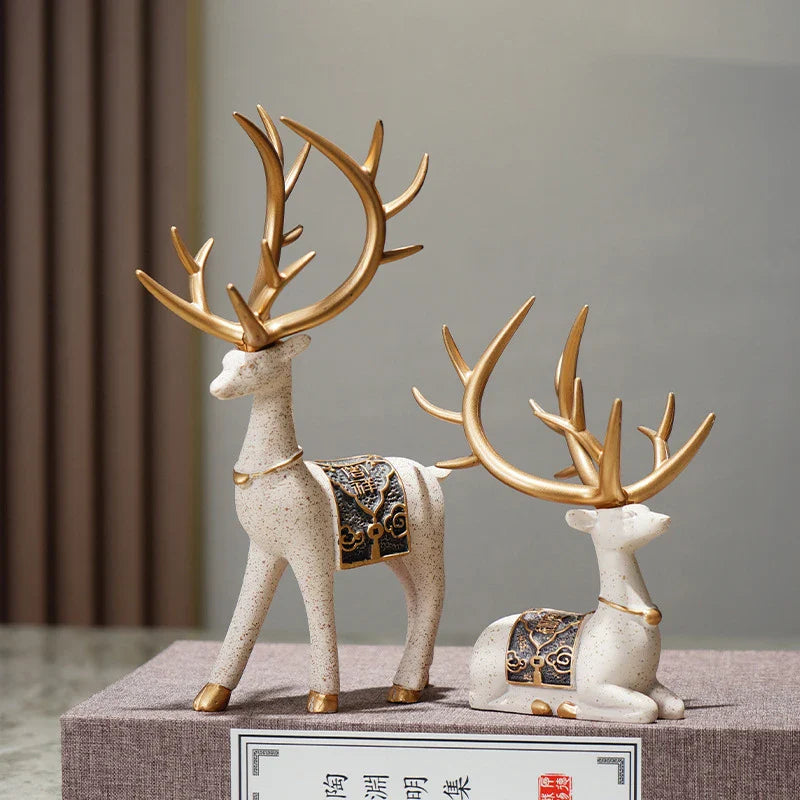 DecorBites™ Deer Figurine Set | Resin Elk Reindeer Sculpture for Christmas Decoration