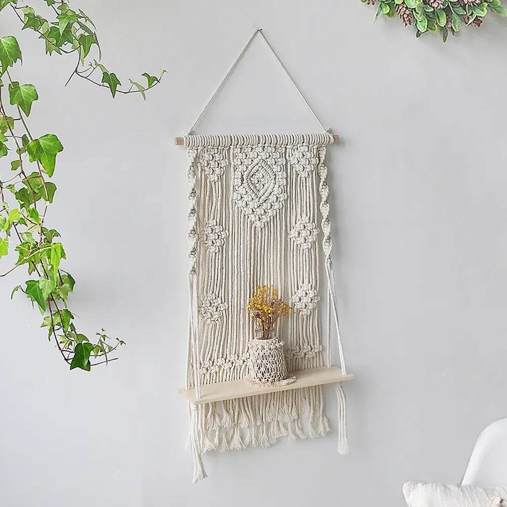 DecorBites™ Boho Macrame Wood Wall Shelf Home Decor