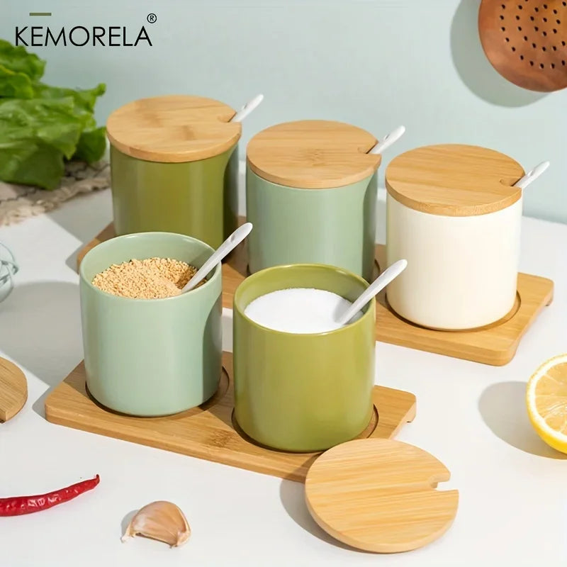 Conjunto de tarros de condimentos de cerámica retro japonesa Decorbites™ con bandeja - Organizador de cocina de 3 piezas