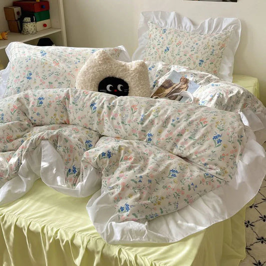 DecorBites™ Korean Lace Bedding Set, Full Double Size, Washed Cotton, Soft Bedclothes