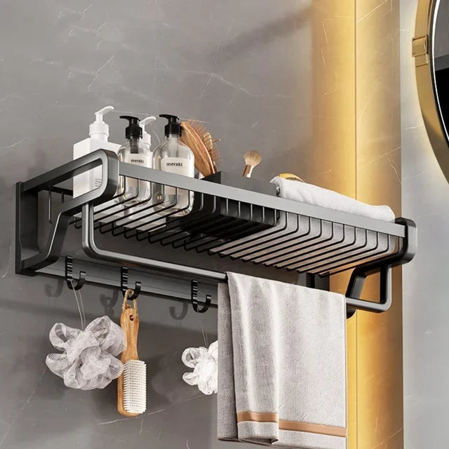 حامل مناشف حمام من الألومنيوم من DecorBites™ مع خطاف وسلة تخزين