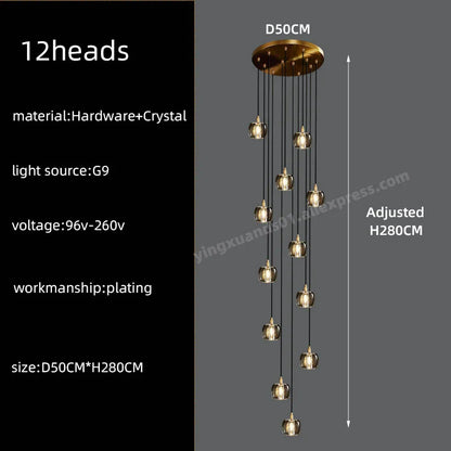 DecorBites™ Black & Gold Crystal Chandelier LED Pendant Light Fixture Loft Staircase Lighting