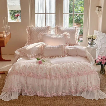 Decobites Winter Velvet Princess Bedding Set with Lace Ruffles and Quilted Bed Skirt