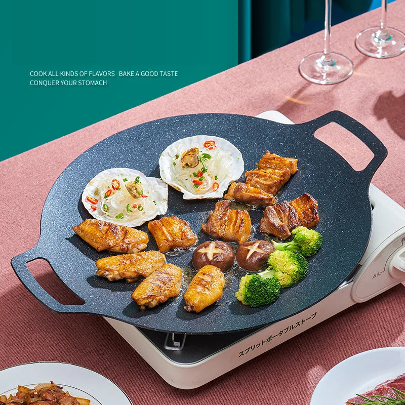 DecorBites™ Korean BBQ Grill Pan: Round Non-Stick Outdoor Frying Pan for Camping & Travel
