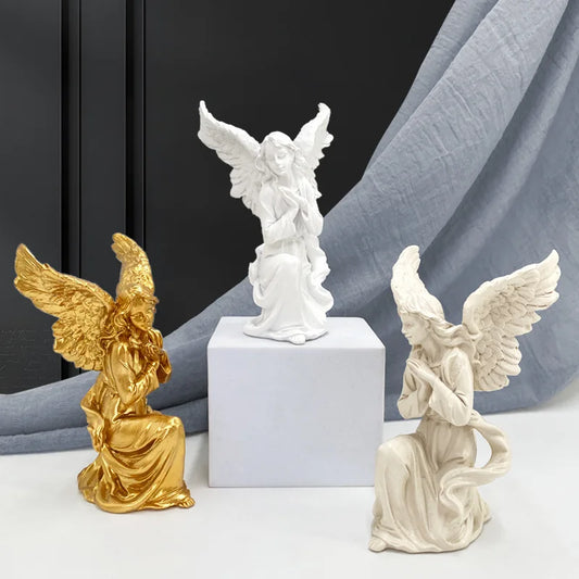 DecorBites™ Angel Figurine White Gold Resin Sculpture Collectible Statue Home Decor