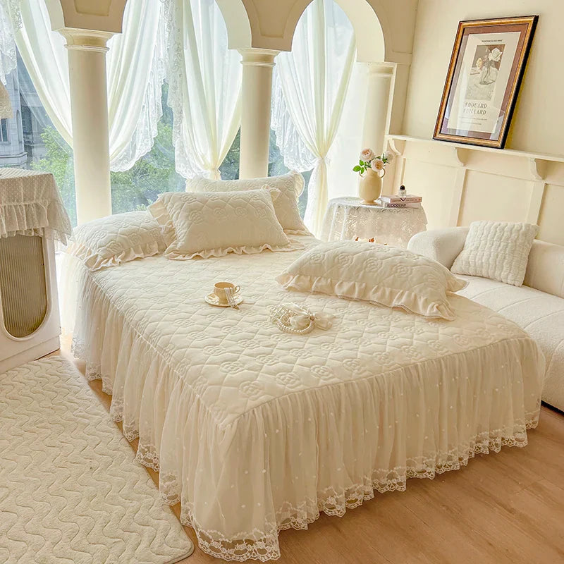 Decobites Velvet Princess Lace Ruffles Bedding Set - 4pcs Luxury Solid Color