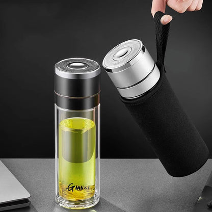 DecorBites™ Insulated Glass Cup: Large Capacity, One-Click Open Lid, Heat-Resistant Double-Layer