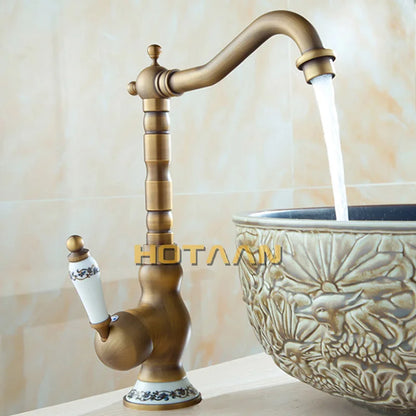 Antique Brass Basin Faucets Bathroom Sink Mixer Deck Mounted Single Handle Single Hole Bathroom Faucet Brass Hot and Cold Tap