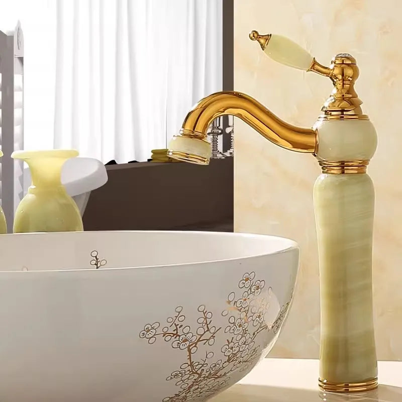 Decorbites™ Grifo de Lavabo de Baño en Oro, Jade y Latón | Montado en Cubierta Mezclador de Agua Caliente y Fría