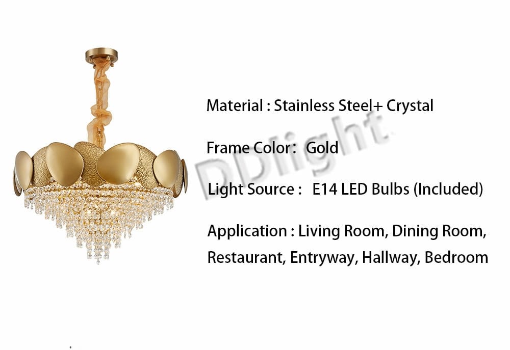 Luxury gold crystal led ceiling chandelier with a sleek stainless steel frame and cascading crystal droplets for living room lighting.