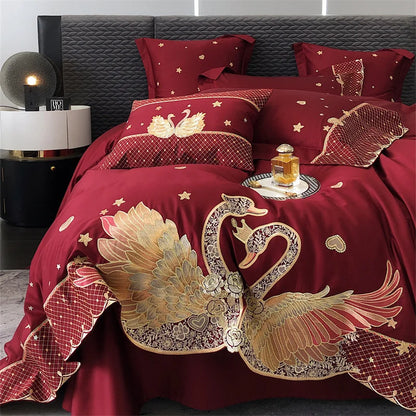 DecorBites™ Gold Swan Love Wedding Bedding Set, Egyptian Cotton, 1000TC, 4 or 6Pcs