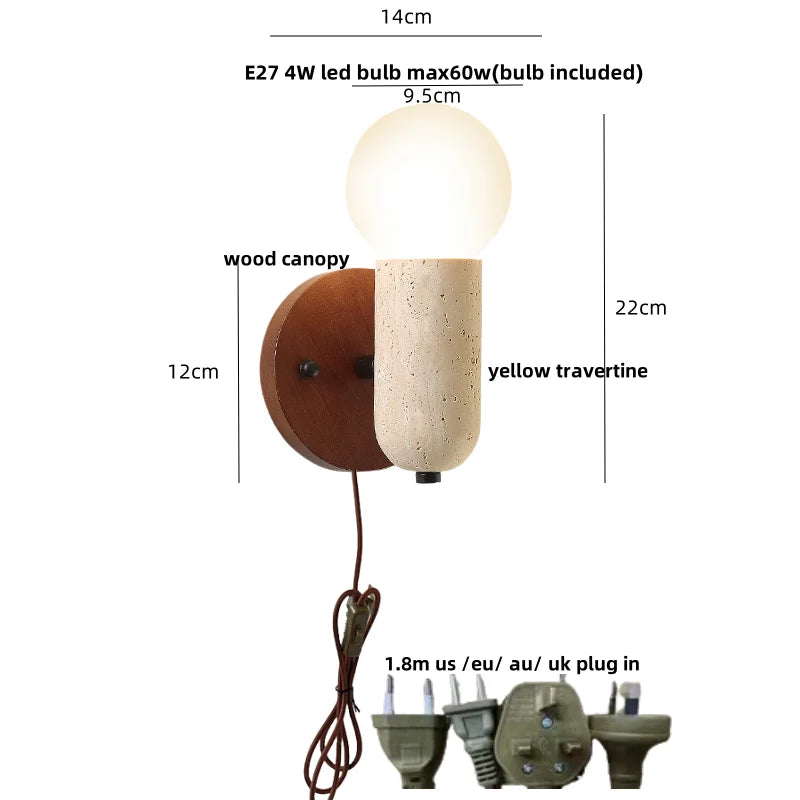 DecorBites™ Japanese LED Wall Lamp, Pull Chain Switch, Yellow Travertine Glass, White Shade