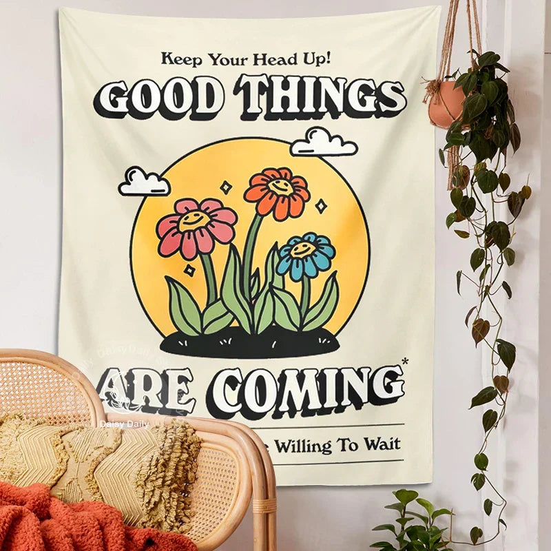 Decobites Cartoon Flowers Tapestry Wall Hanging | Kawaii Room Decoration & Boho Wall Decor