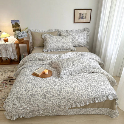 Decobites Floral Lace Ruffle Bedding Set, Fresh Flower Single Duvet Cover, 100% Cotton