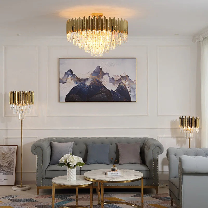 DecorBites™ Golden LED Crystal Ceiling Light for Luxury Living Room, Modern Round Crystal Lamp