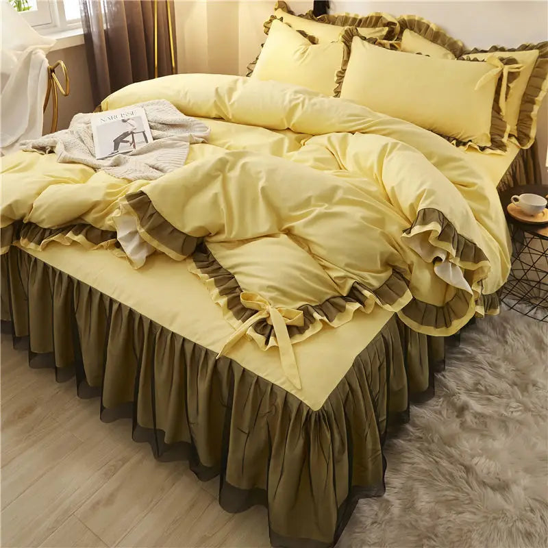 DecorBites™ Korean Bed Skirt Set with Ruffled Edges - Solid, Skin-Friendly Bedding Kit