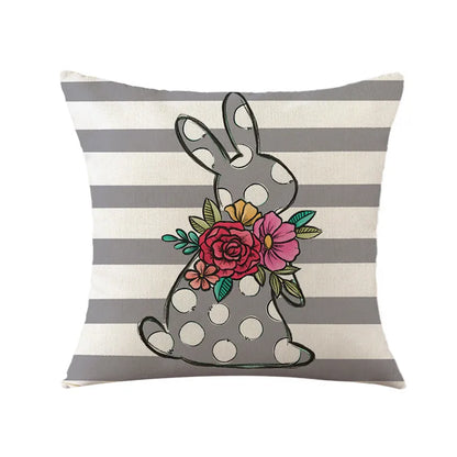 DecorBites™ Easter Bunny Rabbit Linen Cushion Cover 45x45cm - Flower Print Festival Pillowcase