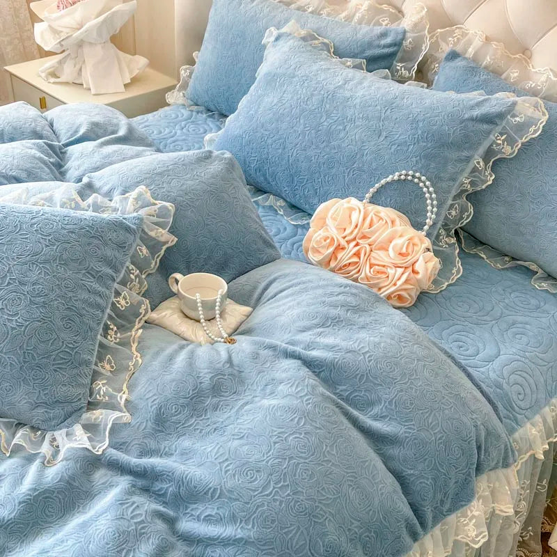 DecorBites™ Lace Princess Bedding Set with Velvet Bed Skirt & Quilt Cover