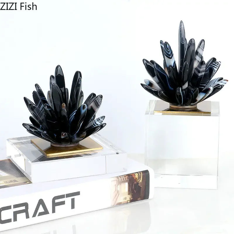 DecorBites™ Black Agate Flower Crystal Art Desk Decoration on Crystal Base