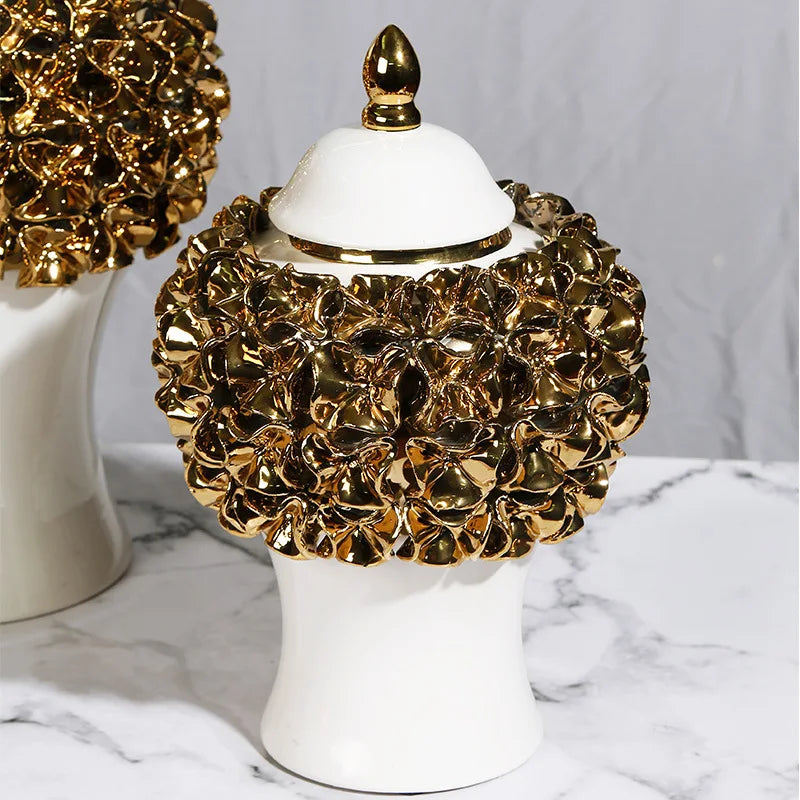 DecorBites™ Golden Flower Ginger Jar Relief Flower Vase Home Decor