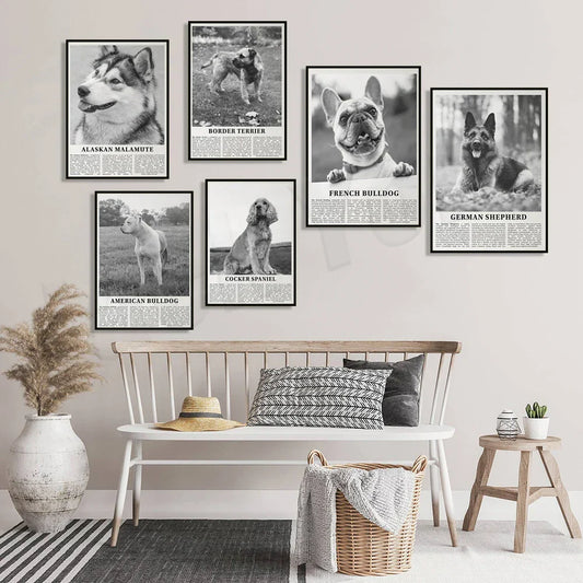 DecorBites™ Black & White Dog Breeds Poster: Greyhound, Cocker Spaniel, Akita, Malamute, Cattle Dog