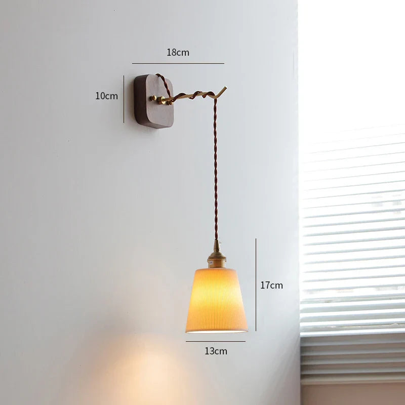 DecorBites™ LED Wall Sconce Modern Japan Style Ceramic Lampshade Wooden Base Light