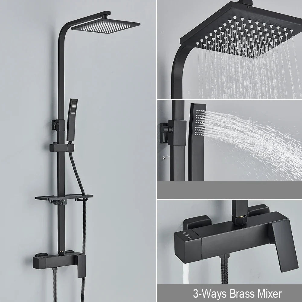 DecorBites™ Black Rainfall Shower Faucet Set with Bathtub Tap and Height Adjust Shower Mixer