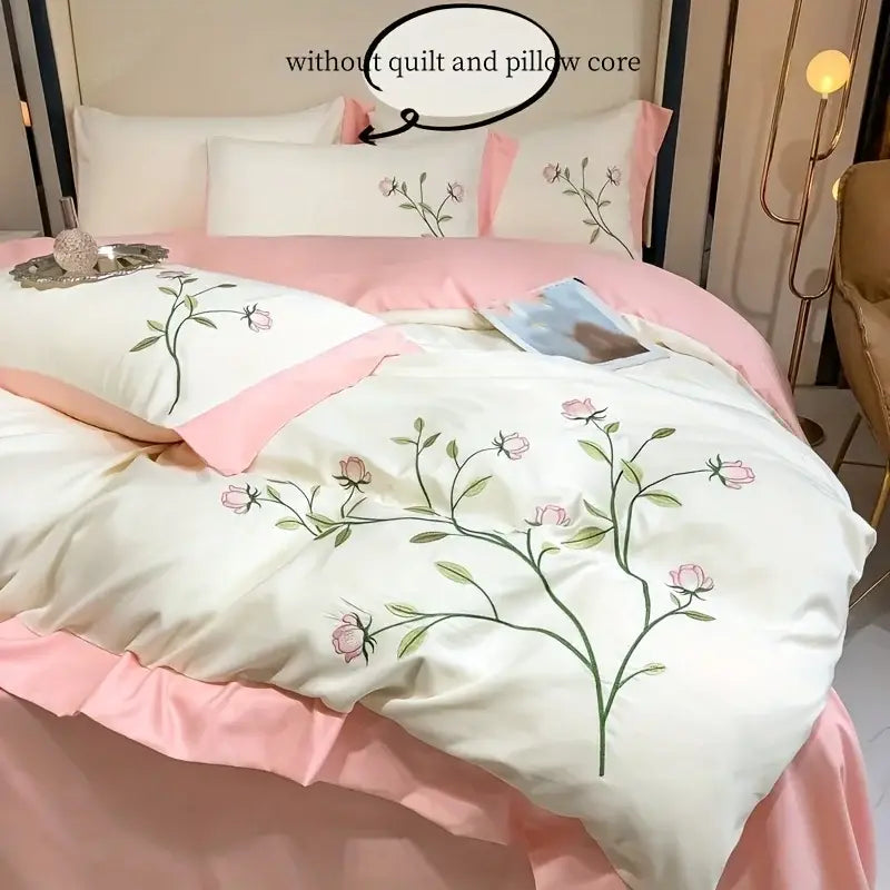 DecorBites™ Elegant Embroidery Duvet Cover Set Blue Pink 3 Pieces