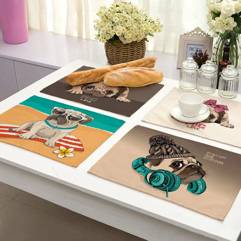 DecorBites™ Cute Dog Linen Dining Mats Coasters 42*32cm Home Decor