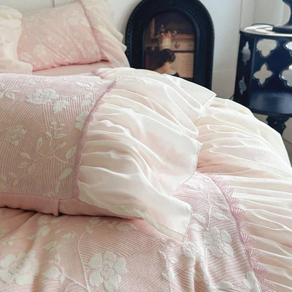 DecorBites™ Lace Ruffles Velvet Princess Bedding Set: Duvet, Sheet, Pillowcases