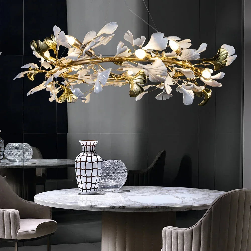 DecorBites™ Leaf Branch Ceramic Chandelier | Modern Golden Lighting Fixture for Living Room