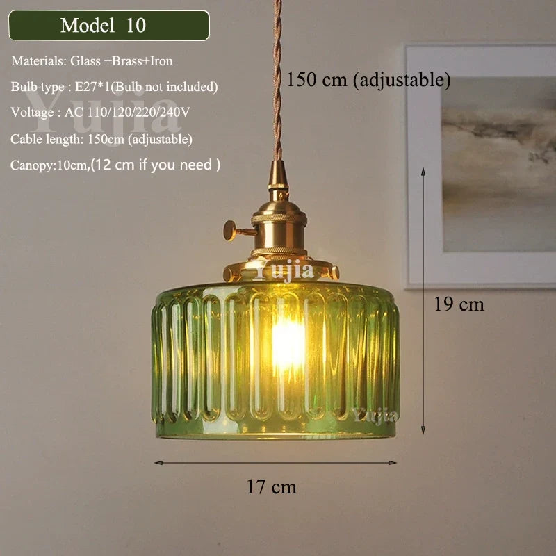 Nordic Green Glass Pendant Light With Brass Accents