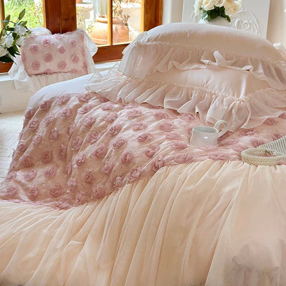 Decobites Pink Rose Flowers Lace Ruffles Princess Wedding Bedding Set