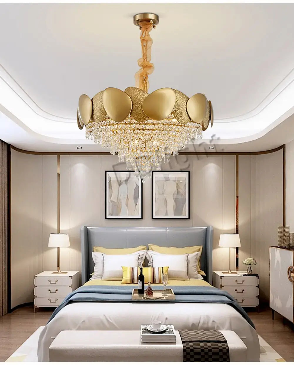 Luxury gold crystal led ceiling chandelier with a modern petal-like design and cascading crystal droplets for living room illumination.